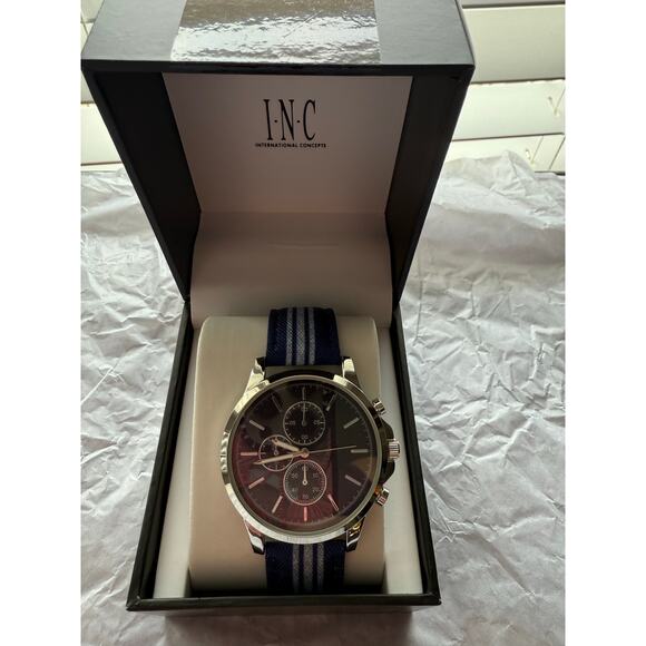 NIB  INC International Concepts -Men's Blue Striped Denim Strap Watch 42mm - Picture 1 of 5